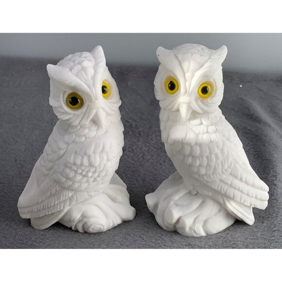 Vintage Italian Alabaster Owl Figurines with Yellow Eyes 1980s - Picture 12 of 16